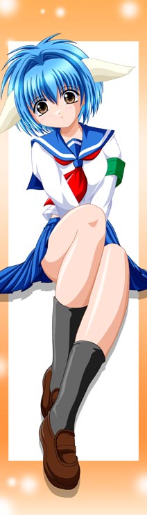 mint blancmanche, galaxy angel, tagme, 00s, 1girl, animal ears, armband, black socks, blue hair, female focus, loafers, looking at viewer, school uniform, serafuku, shoes, short hair, sitting, socks, solo, yellow eyes