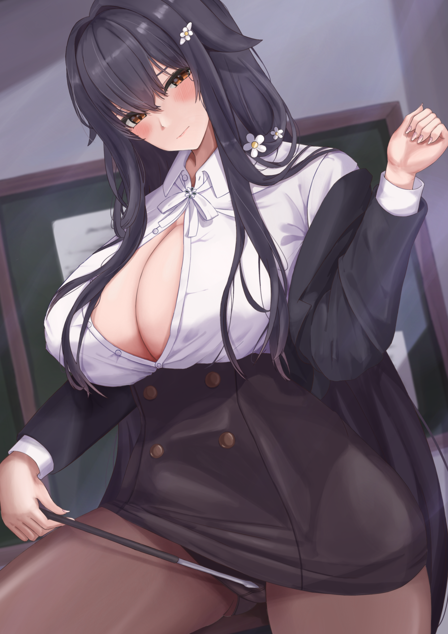 tkaki, azuma (azur lane), azuma (career counseling for the groom) (azur lane), azur lane, highres, 1girl, black hair, black jacket, black panties, black skirt, breasts, brown pantyhose, cleavage, collared shirt, cowboy shot, flashing, flower, hair flower, hair ornament, high-waist skirt, holding, holding pointer, huge breasts, indoors, jacket, long hair, long sleeves, looking at viewer, official alternate costume, panties, panties under pantyhose, pantyhose, pencil skirt, pointer, shirt, shirt tucked in, skirt, solo, underwear, very long hair, white flower, white shirt, yellow eyes