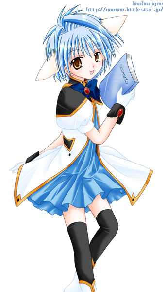 mint blancmanche, galaxy angel, 00s, 1girl, animal ears, blue hair, dress, female focus, gloves, green eyes, puffy sleeves, short dress, short hair, solo, thighhighs, watermark, web address, yellow eyes