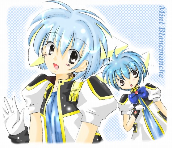 mint blancmanche, galaxy angel, tagme, 00s, 1girl, animal ears, blue hair, character name, dress, female focus, gloves, green eyes, puffy sleeves, short dress, short hair, solo, yellow eyes