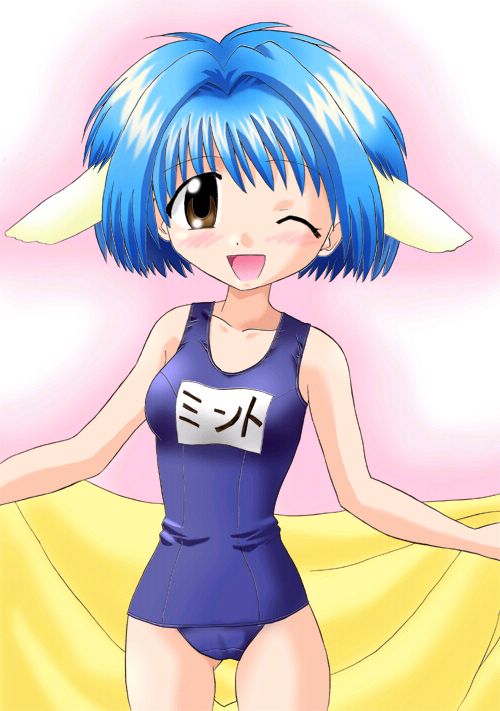 mint blancmanche, galaxy angel, 00s, 1girl, animal ears, artist name, blue hair, character name, female focus, gloves, green eyes, one eye closed, school swimsuit, short hair, solo, swimsuit, wink, yellow eyes