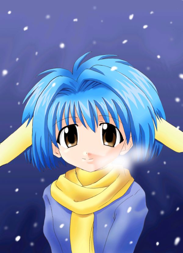 mint blancmanche, galaxy angel, 00s, 1girl, animal ears, blue hair, female focus, green eyes, short hair, snow, solo, yellow eyes