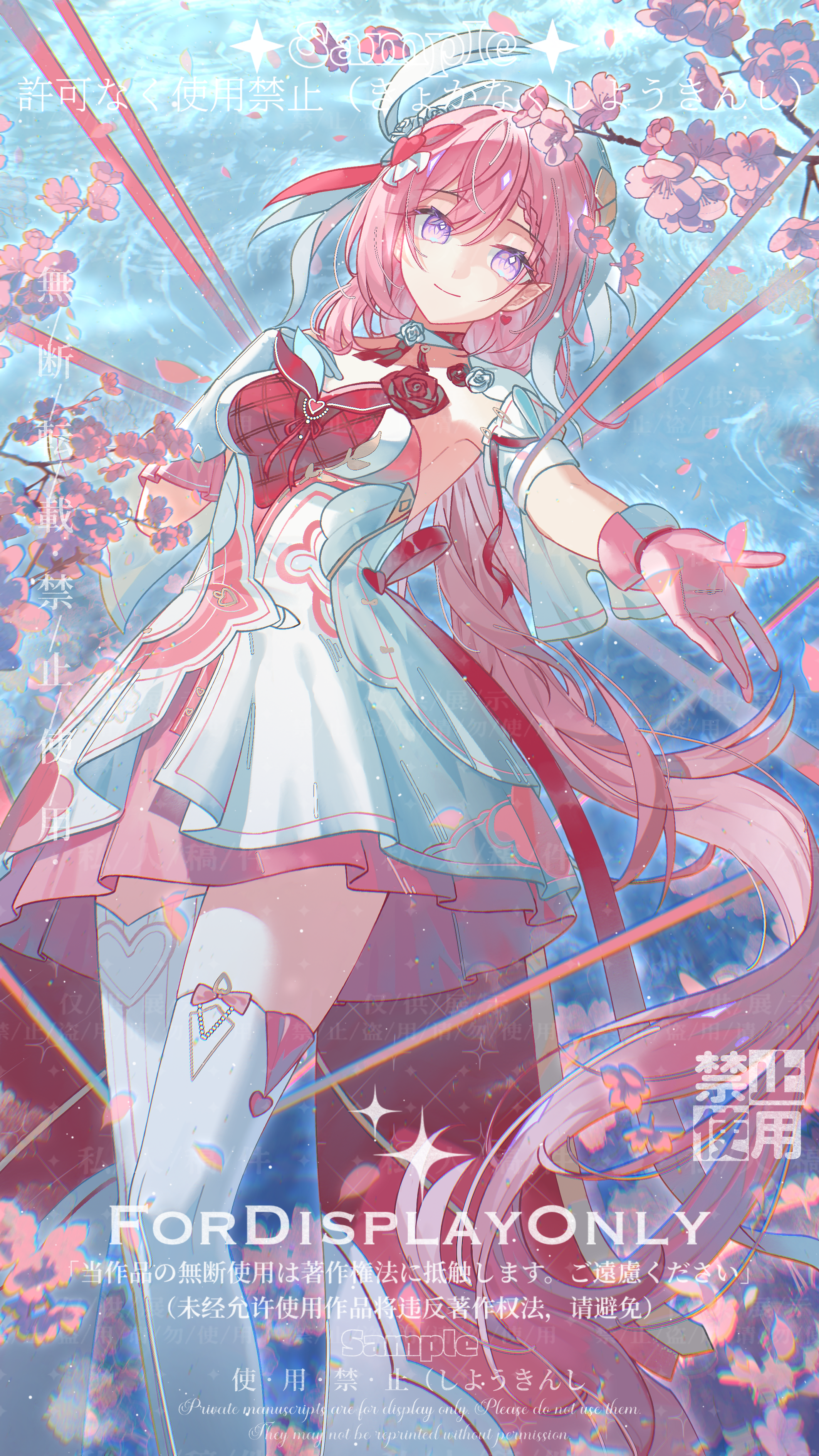 elysia (honkai impact), honkai (series), honkai impact 3rd, absurdres, chinese commentary, commentary request, commission, highres, procreate (medium), 1girl, afloat, breasts, diamond-shaped pupils, diamond (shape), dress, earrings, elf, falling petals, hat, heart, heart earrings, jewelry, large breasts, long hair, muhuazishen, multicolored hair, petals, pink hair, pointy ears, purple eyes, smile, solo, symbol-shaped pupils, thighhighs, thighs, two-tone hair, very long hair, water, watermark, white dress, white hair, white hat, white thighhighs
