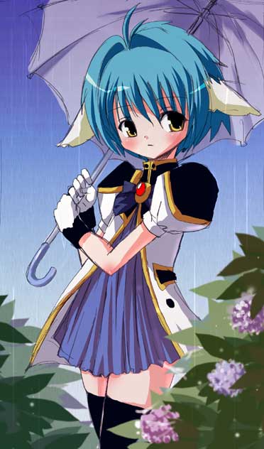 mint blancmanche, galaxy angel, 00s, 1girl, animal ears, blue hair, blush, dress, female focus, flower, gloves, green eyes, hydrangea, looking at viewer, outdoors, puffy sleeves, short dress, short hair, solo, thighhighs, umbrella, yellow eyes, zettai ryouiki