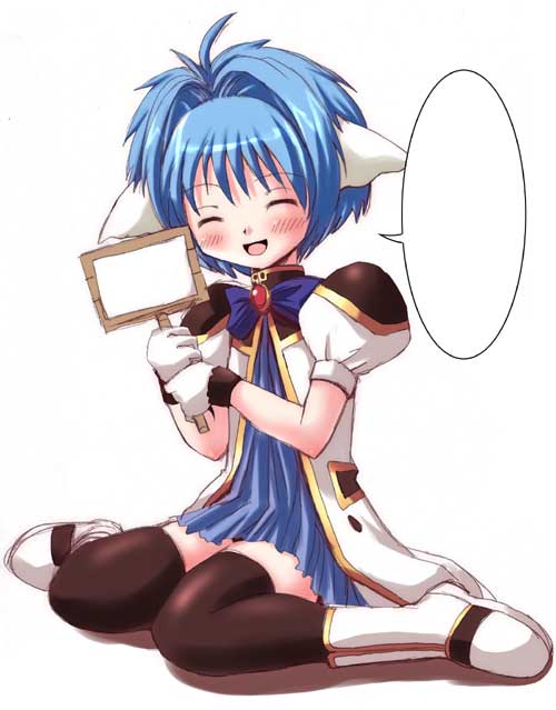 mint blancmanche, galaxy angel, tagme, 00s, 1girl, ^ ^, animal ears, blue hair, blush, closed eyes, dress, female focus, gloves, puffy sleeves, short dress, short hair, simple background, sitting, smile, solo, speech bubble, thighhighs, wariza, white background, zettai ryouiki