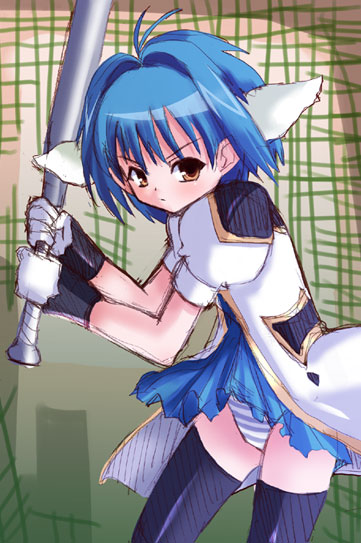 mint blancmanche, galaxy angel, 00s, 1girl, animal ears, baseball bat, blue hair, dress, female focus, gloves, green eyes, panties, pantyshot, puffy sleeves, short dress, short hair, solo, striped clothes, striped panties, thighhighs, underwear, yellow eyes