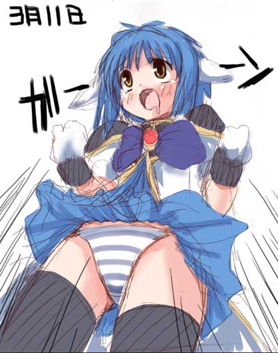 mint blancmanche, galaxy angel, partially translated, translation request, 00s, 1girl, animal ears, blue hair, blush, dress, female focus, gloves, green eyes, open mouth, panties, pantyshot, puffy sleeves, short dress, short hair, simple background, solo, striped clothes, striped panties, text focus, thighhighs, underwear, white background, yellow eyes