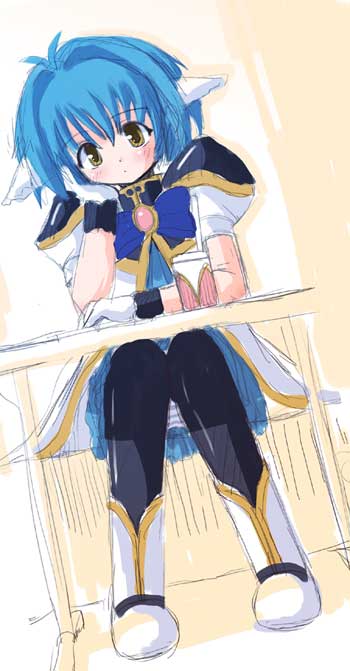 mint blancmanche, galaxy angel, eyebrows, 00s, 1girl, animal ears, blue hair, blush, dress, dutch angle, female focus, gloves, green eyes, indoors, panties, pantyshot, puffy sleeves, short dress, short hair, sitting, solo, striped clothes, striped panties, underwear, yellow eyes