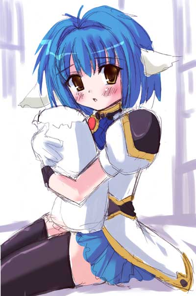 mint blancmanche, galaxy angel, 00s, 1girl, animal ears, blue hair, blush, dress, female focus, gloves, green eyes, hugging object, indoors, looking at viewer, pillow, pillow hug, puffy sleeves, short dress, short hair, solo, thighhighs, yellow eyes, zettai ryouiki