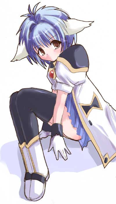 mint blancmanche, galaxy angel, 00s, 1girl, animal ears, blue hair, dress, female focus, gloves, green eyes, looking at viewer, puffy sleeves, short dress, short hair, simple background, solo, thighhighs, white background, yellow eyes