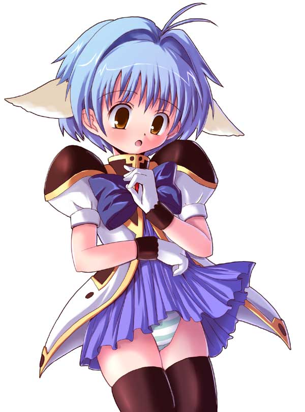 mint blancmanche, galaxy angel, eyebrows, 00s, 1girl, animal ears, blue hair, blush, dress, female focus, gloves, green eyes, open mouth, panties, pantyshot, puffy sleeves, short dress, short hair, simple background, solo, striped clothes, striped panties, thighhighs, underwear, white background, yellow eyes