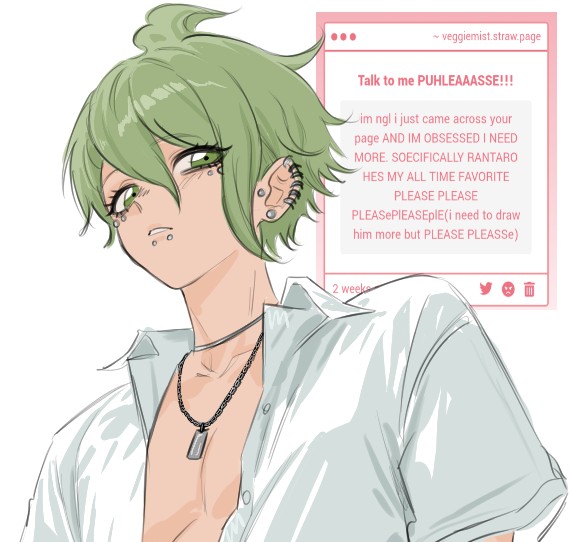 veggiemist, amami rantaro, danganronpa (series), danganronpa v3: killing harmony, 1boy, ahoge, collarbone, ear piercing, earrings, english text, face piercing, green eyes, green hair, jewelry, male focus, mouth piercing, necklace, open clothes, open shirt, piercing, shirt, short hair, short sleeves, solo, teeth, upper body, white shirt