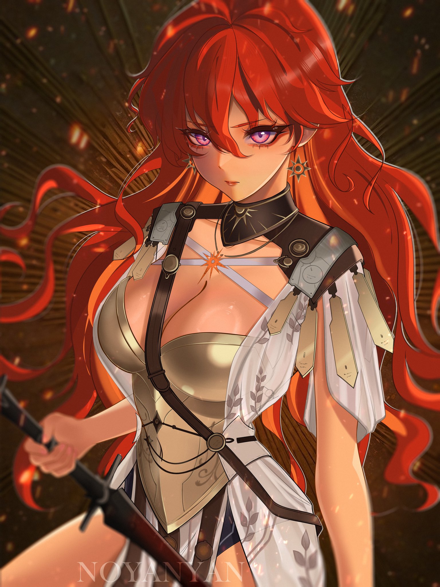 noya nyan, augusta (wuthering waves), wuthering waves, bad id, bad twitter id, commentary, highres, 1girl, ancient greek clothes, armor, black collar, breastplate, breasts, cleavage, closed mouth, collar, dress, earrings, greco-roman clothes, hair ornament, holding, holding sword, holding weapon, jewelry, large breasts, long hair, looking at viewer, orange hair, red eyes, solo, sun earrings, sun necklace, sword, twitter username, weapon, white dress