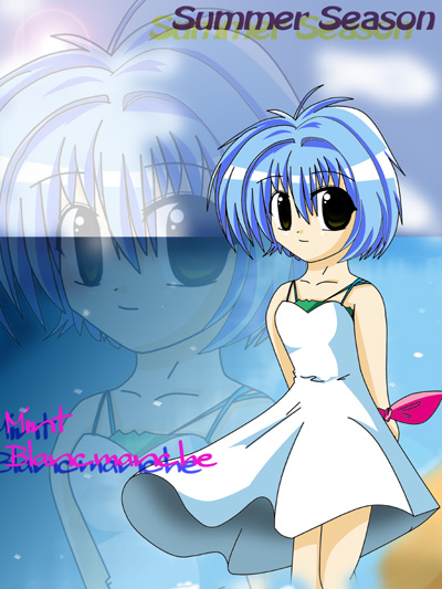 mint blancmanche, galaxy angel, 00s, 1girl, arms behind back, beach, blue hair, character name, cloud, dress, female focus, green eyes, looking at viewer, outdoors, short dress, short hair, sky, solo, sundress