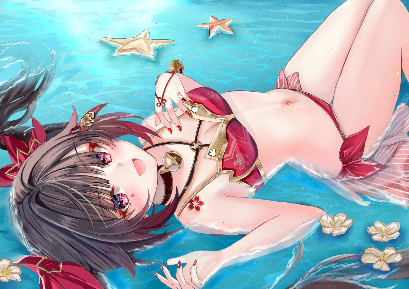 mitsu336, sparkle (honkai: star rail), honkai: star rail, honkai (series), commentary, highres, 1girl, alternate costume, bell, bikini, black choker, black hair, breasts, choker, knees up, long hair, looking at viewer, lying, medium breasts, navel, neck bell, on back, open mouth, partially submerged, red bikini, red eyes, red nails, solo, starfish, stomach, swimsuit, twintails, water