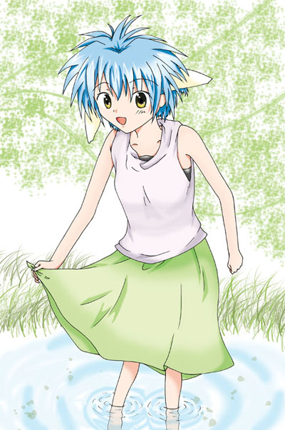 mint blancmanche, galaxy angel, tagme, 00s, 1girl, animal ears, blue hair, female focus, grass, green eyes, outdoors, short hair, skirt, solo, tree, wading, yellow eyes