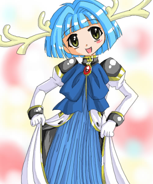 mint blancmanche, galaxy angel, tagme, 00s, 1girl, antlers, blue hair, blush, blush stickers, dress, female focus, gloves, green eyes, head tilt, horns, looking at viewer, open mouth, puffy sleeves, short hair, smile, solo, yellow eyes
