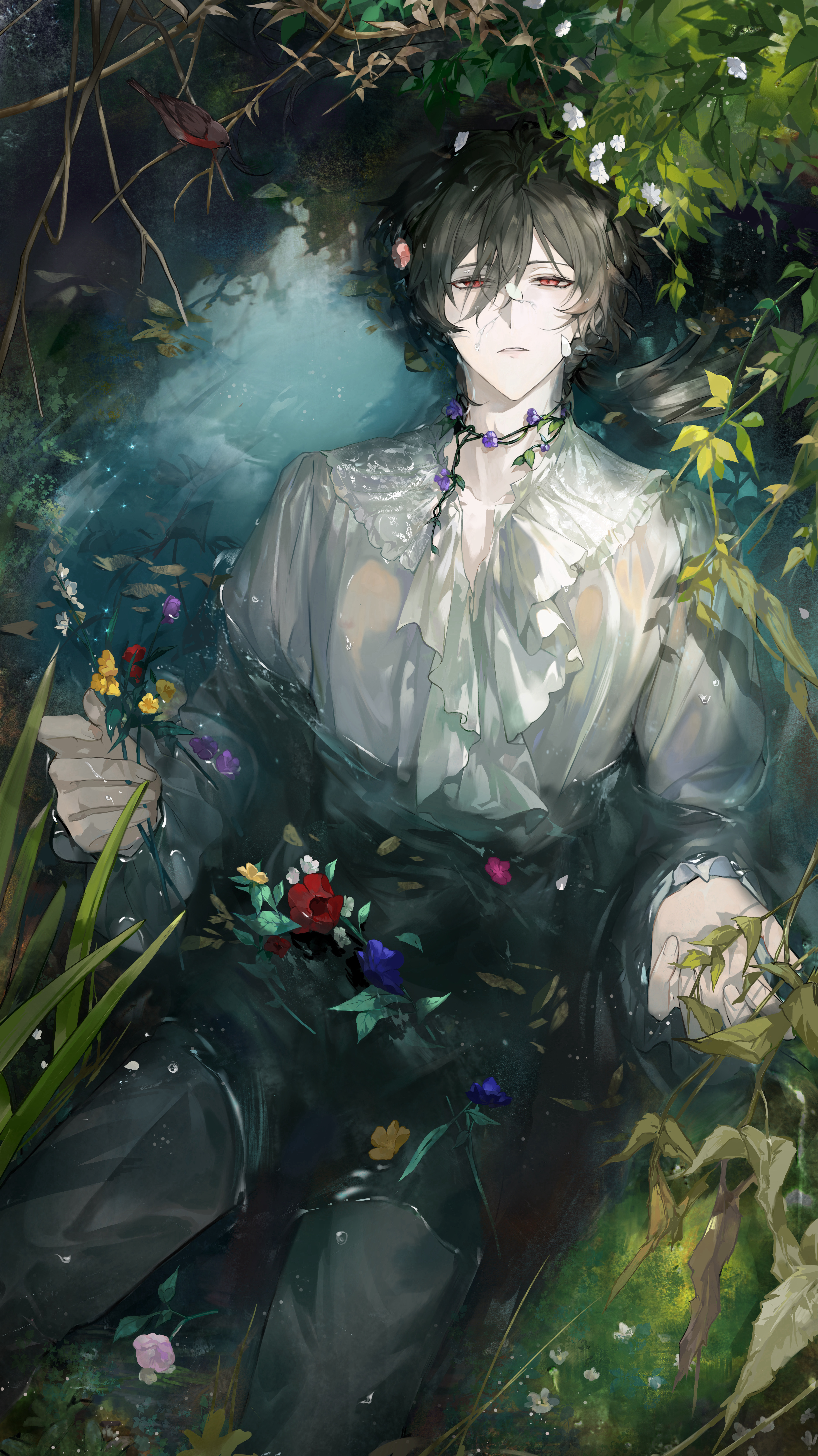 jin gongmen wo de fengkuang xingqiwu, ayn alwyn, lovebrush chronicles, ophelia (painting), absurdres, chinese commentary, highres, official art, 1boy, afloat, anemone (flower), bird, black hair, black pants, blue flower, bush, choker, cowboy shot, eyes visible through hair, fine art parody, flower, flower choker, flower on liquid, frilled shirt, frilled sleeves, frills, grass, hair between eyes, half-closed eyes, holding, holding flower, long hair, long hair between eyes, long sleeves, looking at viewer, lying, male focus, moss, on back, open collar, outdoors, pale skin, pants, parody, parted lips, petal on head, petals, petals on liquid, pink flower, plant, purple flower, red eyes, red flower, shirt, solo, vines, vines around neck, water, wet, wet clothes, wet hair, wet shirt, wetland, white flower, white shirt, wilted flower, yellow flower