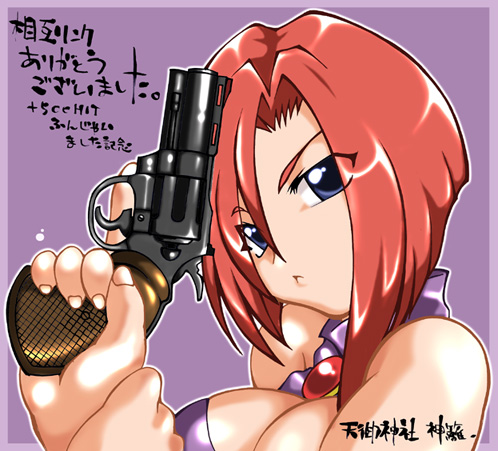 forte stollen, galaxy angel, lowres, translation request, 00s, 1girl, blue eyes, breasts, cleavage, cleavage cutout, clothing cutout, female focus, gun, handgun, large breasts, looking at viewer, purple background, red hair, revolver, short hair, simple background, solo, weapon
