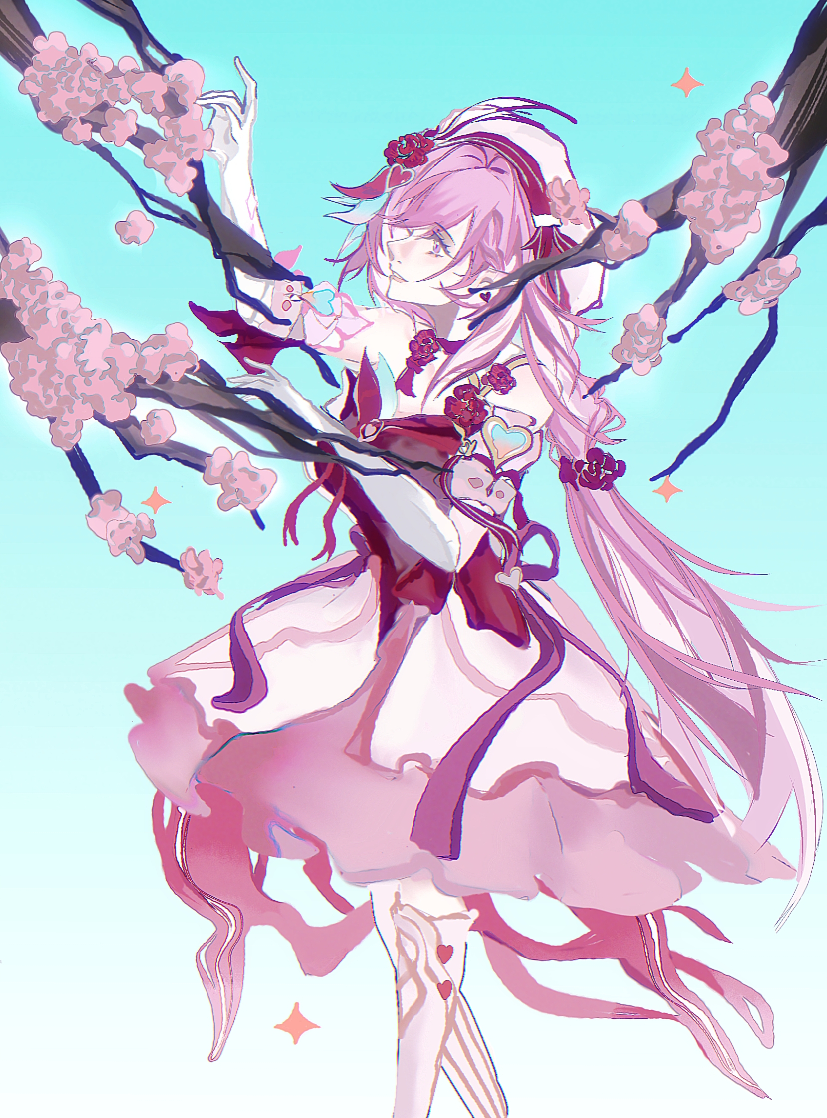 elysia (honkai impact), honkai (series), honkai impact 3rd, chinese commentary, commentary request, highres, 1girl, blue sky, branch, breasts, cherry blossoms, dress, elf, gloves, hat, jie zhou, long hair, pink hair, pointy ears, purple eyes, sky, solo, thighhighs, very long hair, white dress, white gloves, white hat, white thighhighs