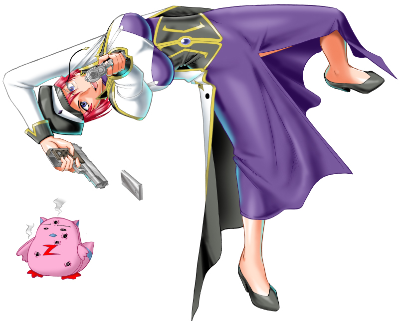 mokkouyou bond, forte stollen, normad, galaxy angel, 00s, 1girl, :d, = =, aiming, aiming at viewer, arched back, arm up, blue eyes, breasts, brooch, bullet hole, chibi, corset, dress, dual wielding, female focus, full body, gun, handgun, hat, high heels, holding, jewelry, large breasts, long dress, looking at viewer, magazine (weapon), monocle, monocle chain, naughty face, open clothes, open dress, open mouth, peaked cap, purple dress, red hair, shoes, short hair, simple background, smile, smoke, solo, weapon, white background