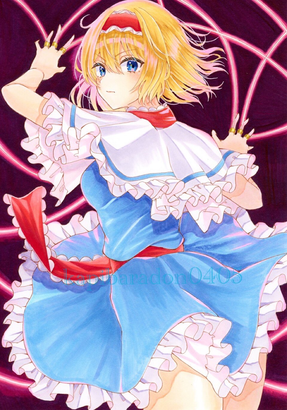 kapibaradon0405, alice margatroid, touhou, highres, arms up, blonde hair, blue dress, blue eyes, capelet, cropped legs, dress, hairband, looking at viewer, medium hair, puppet strings, red hairband, short sleeves, white capelet