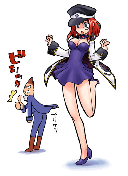 hirai yukio, demitri maximoff, forte stollen, broccoli (company), capcom, darkstalkers, galaxy angel, 00s, 1boy, 1girl, ascot, bare legs, blue eyes, boots, breasts, brown hair, cape, cleavage, crossover, dress, hat, high heels, jacket, japanese text, leg lift, medium breasts, monocle, open mouth, peaked cap, purple dress, red hair, saliva, shoes, short dress, short hair, sleeve cuffs, thumbs up