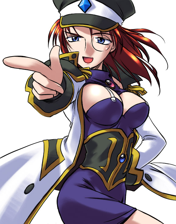 forte stollen, galaxy angel, tagme, 00s, 1girl, blue eyes, cleavage cutout, clothing cutout, female focus, hat, monocle, peaked cap, pointing, red hair, simple background, solo, white background