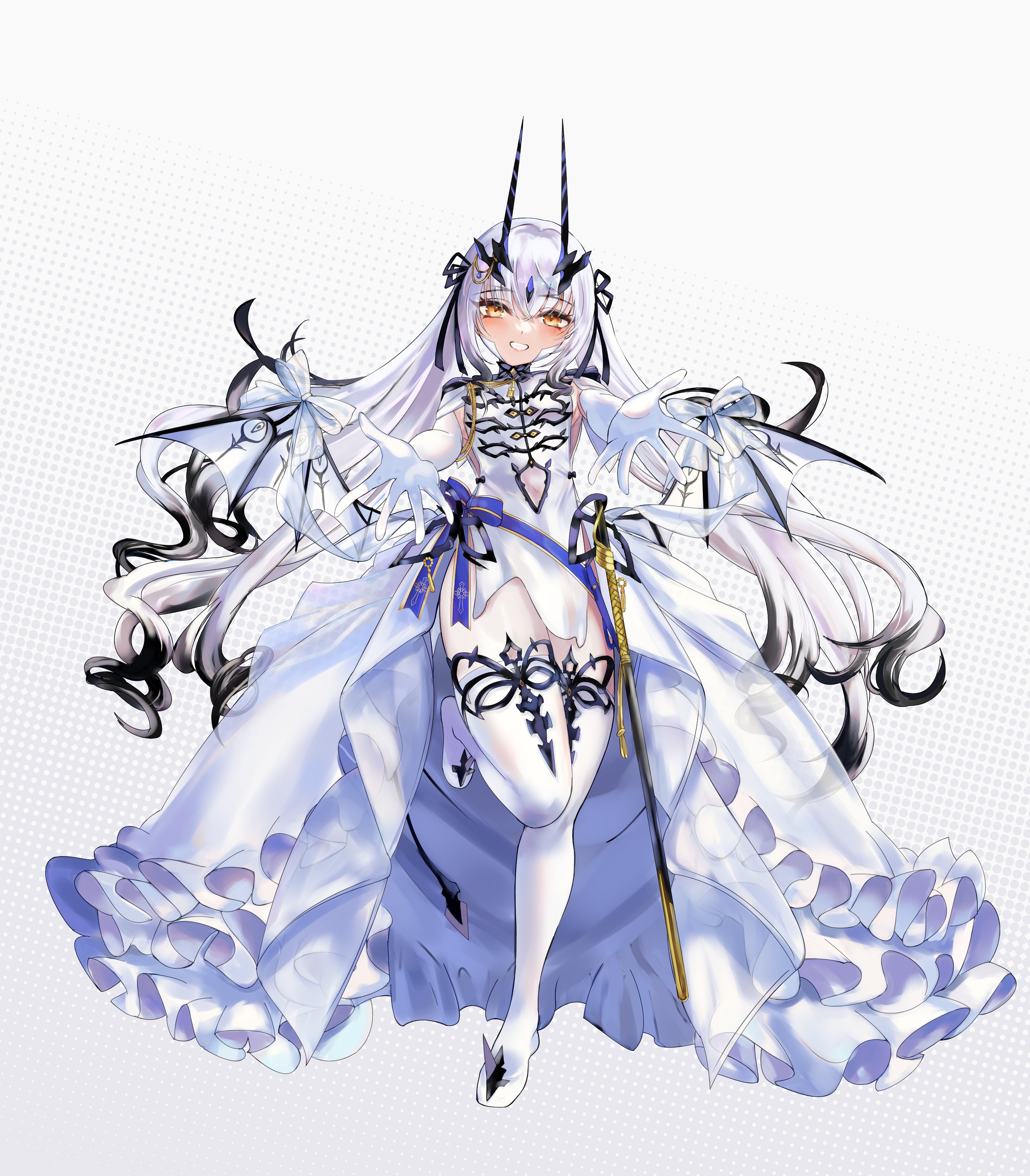 klash, melusine (celebratory attire) (fate), melusine (fate), fate/grand order, fate (series), absurdres, highres, 1girl, blush, breasts, capelet, dragon wings, dress, elbow gloves, forked eyebrows, full body, gloves, grin, hair ribbon, horns, long hair, looking at viewer, outstretched arms, pelvic curtain, ribbon, showgirl skirt, sidelocks, small breasts, smile, solo, thighhighs, twintails, white capelet, white dress, white gloves, white hair, white thighhighs, wings, yellow eyes