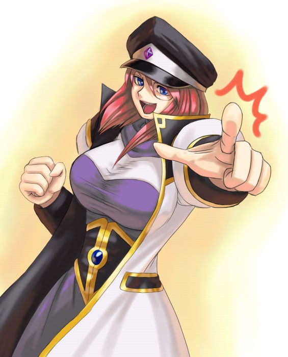 forte stollen, galaxy angel, 00s, 1girl, :d, ^^^, blue eyes, breasts, brooch, clenched hand, coat, female focus, gradient background, hat, jewelry, large breasts, military, military uniform, monocle, open clothes, open mouth, peaked cap, pointing, pointing at viewer, red hair, short hair, smile, solo, standing, trench coat
