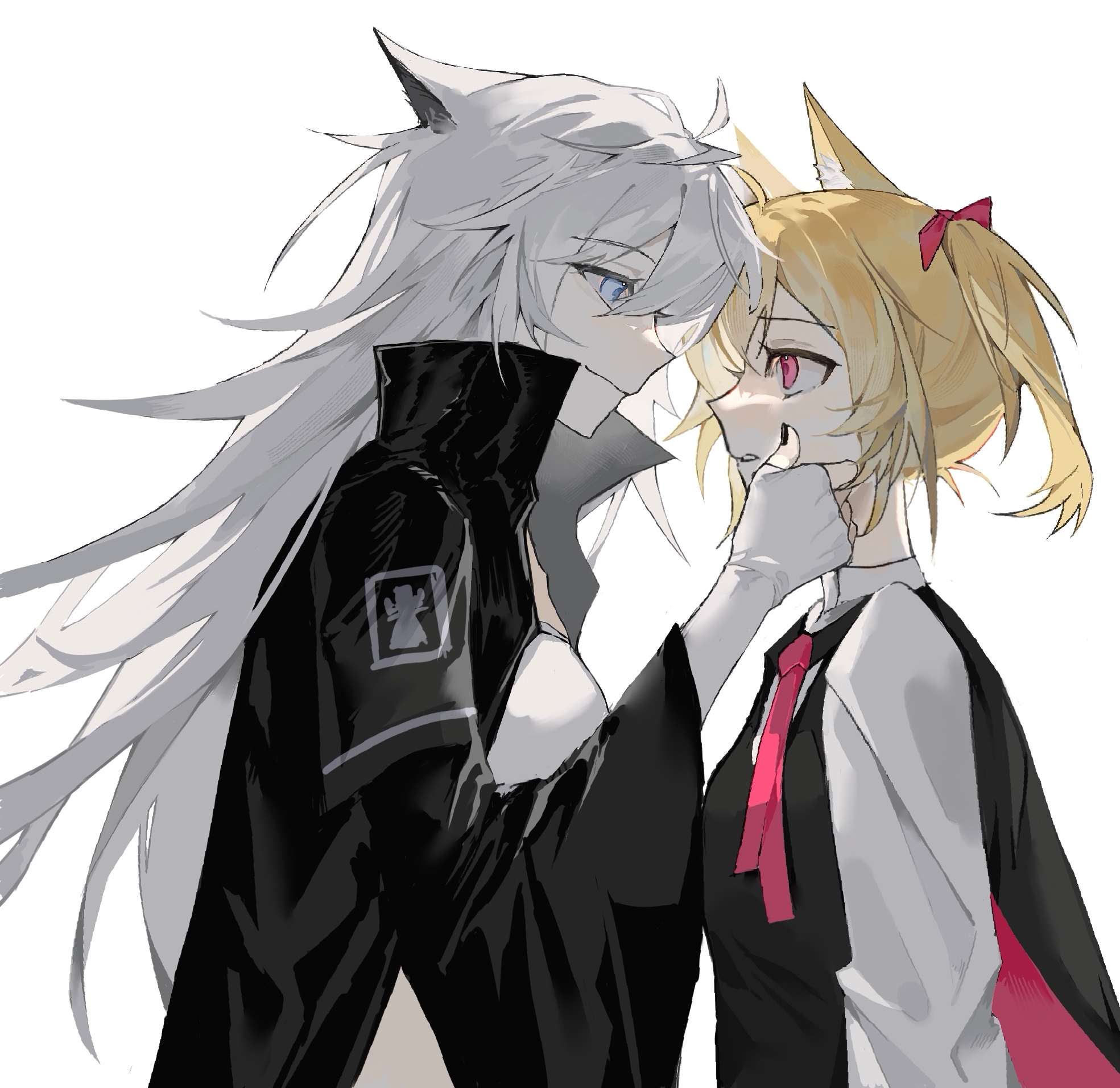 lappland (arknights), sora (arknights), arknights, chinese commentary, commentary request, highres, 2girls, animal ears, black cape, black jacket, black vest, blonde hair, blue eyes, bolo tie, bow, cape, closed mouth, eye contact, face-to-face, grey hair, hair bow, hand on another's cheek, hand on another's face, high collar, jacket, kongbai huangyuan, light smile, long hair, long sleeves, looking at another, multiple girls, parted lips, pink bow, pink eyes, profile, shirt, short hair, simple background, upper body, vest, white background, white shirt, wide sleeves, wolf ears, wolf girl, yuri