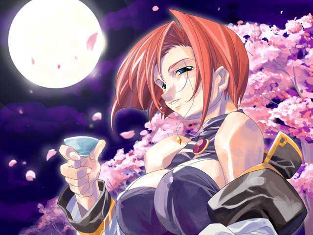 forte stollen, galaxy angel, tagme, 00s, 1girl, blue eyes, breasts, cherry blossoms, cleavage cutout, clothing cutout, female focus, full moon, large breasts, monocle, moon, night, outdoors, petals, red hair, solo