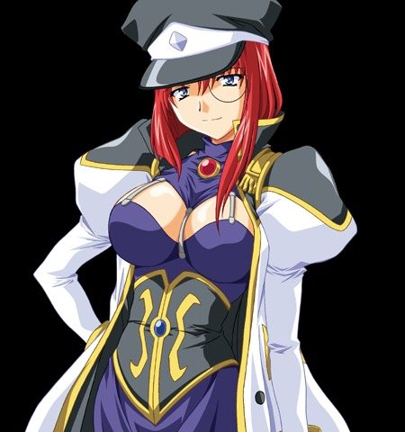forte stollen, galaxy angel, lowres, tagme, 00s, 1girl, black background, blue eyes, breasts, cleavage cutout, clothing cutout, contrapposto, female focus, hand on own hip, hat, large breasts, looking at viewer, monocle, peaked cap, puffy sleeves, red hair, simple background, smile, solo
