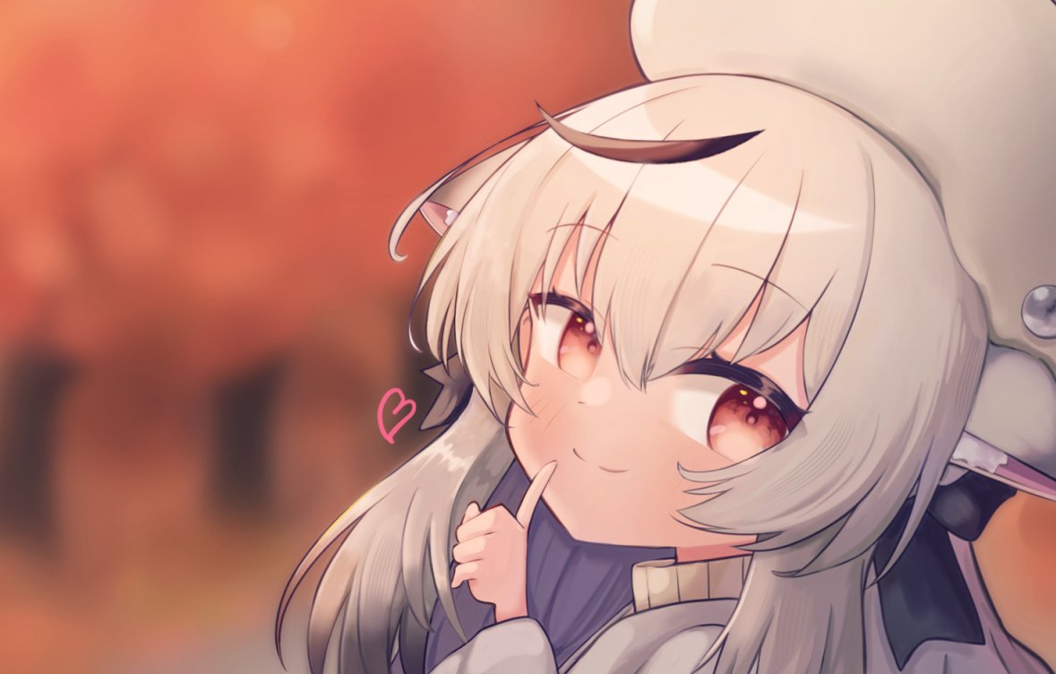 amataro21, kokona (blue archive), blue archive, commentary, 1girl, alternate costume, animal ear fluff, animal ears, autumn, beret, black ribbon, blurry, blurry background, blush, breasts, closed mouth, day, grey hair, grey sweater, hair between eyes, hair ribbon, hand up, happy, hat, heart, index finger raised, large breasts, long hair, looking at viewer, multicolored hair, outdoors, portrait, red eyes, ribbon, smile, solo, split mouth, streaked hair, sweater, tiger ears, turtleneck, turtleneck sweater, white hat