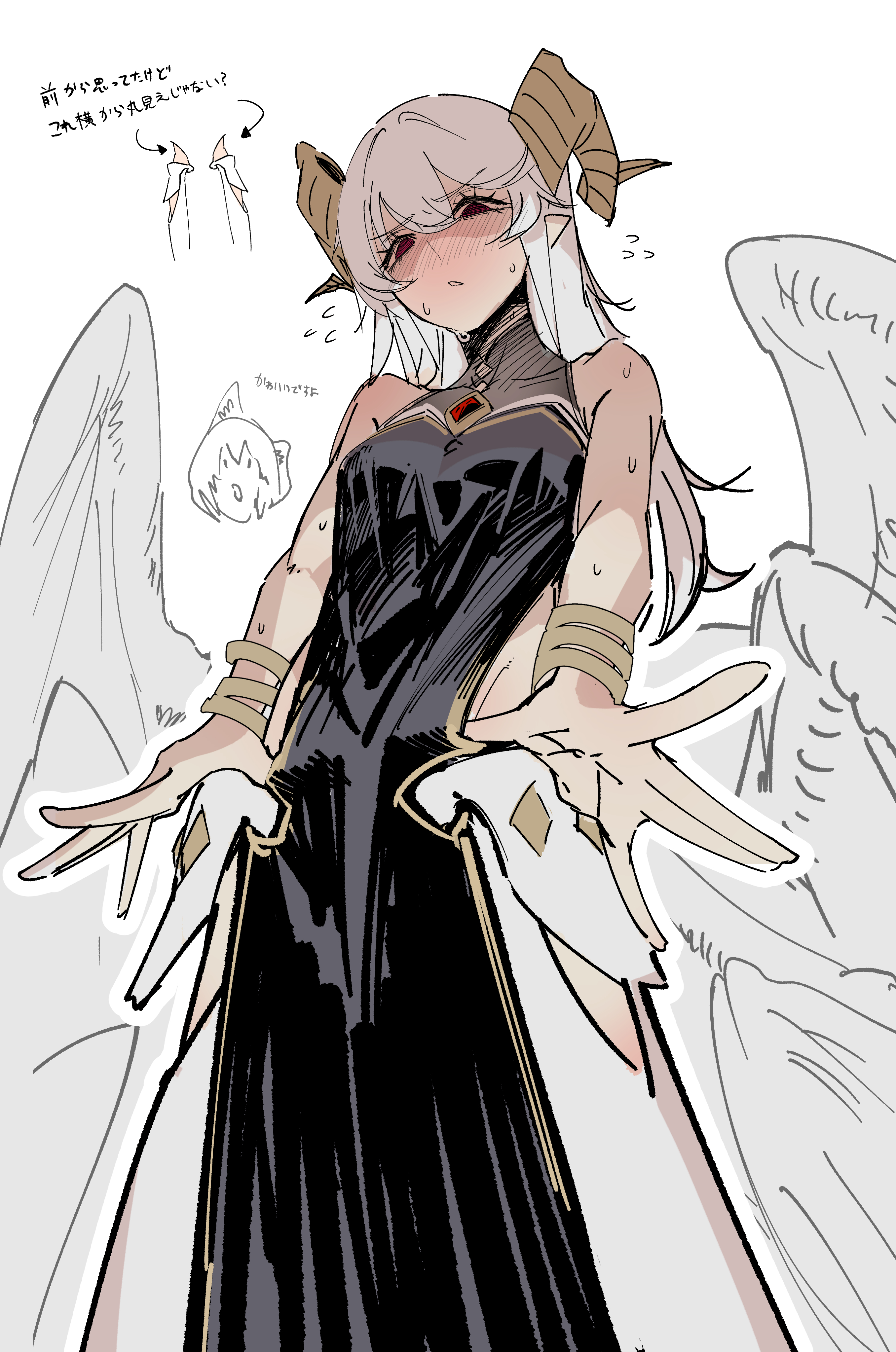 fixro2n, absurdres, highres, 2girls, black dress, blush, bracelet, clothing cutout, dress, feathered wings, flying sweatdrops, from below, gem, goat horns, gold bracelet, grey hair, hip vent, horns, jewelry, long hair, looking down, low wings, multicolored dress, multiple bracelets, multiple girls, multiple wings, nose blush, ougon no keikenchi, pointy ears, pulling own clothes, rare (ougon no keikenchi), red eyes, red gemstone, simple background, sleeveless, sleeveless dress, solo focus, sweatdrop, white background, white dress, white wings, wings