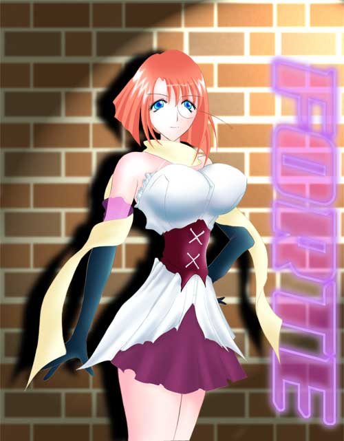 forte stollen, galaxy angel, tagme, 00s, 1girl, bare shoulders, blue eyes, breasts, character name, elbow gloves, female focus, gloves, hand on own hip, large breasts, looking at viewer, miniskirt, monocle, no bra, orange hair, red hair, scarf, shadow, short hair, skirt, solo