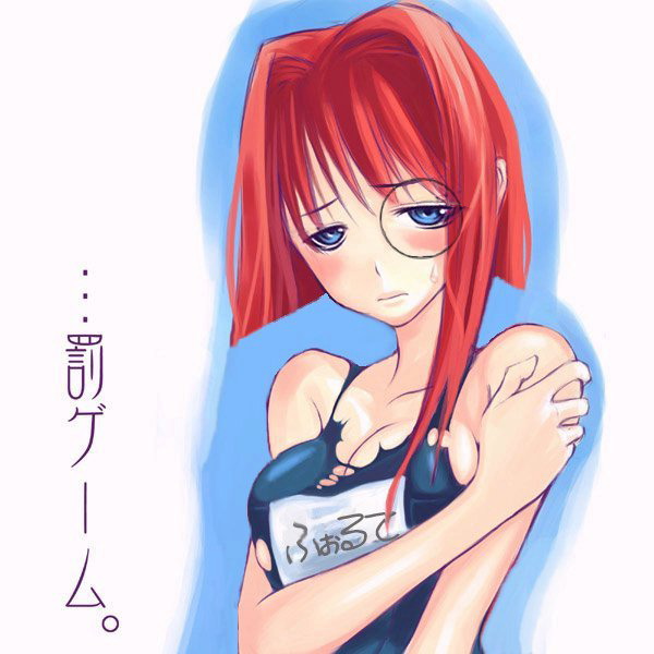 forte stollen, galaxy angel, translation request, 00s, 1girl, blue eyes, blush, female focus, looking at viewer, monocle, red hair, school swimsuit, simple background, solo, swimsuit, torn clothes, white background