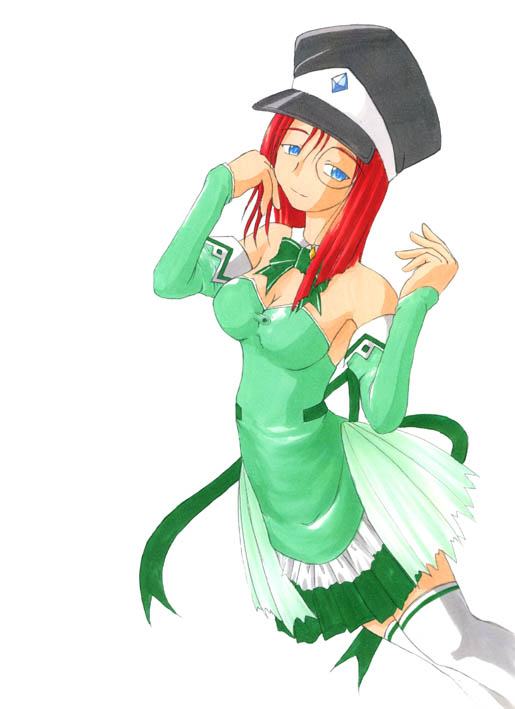 forte stollen, galaxy angel, 00s, 1girl, alternate costume, bare shoulders, blue eyes, breasts, cleavage, detached collar, detached sleeves, dress, dutch angle, female focus, hat, large breasts, looking at viewer, monocle, no bra, peaked cap, red hair, simple background, solo, thighhighs, white background, zettai ryouiki