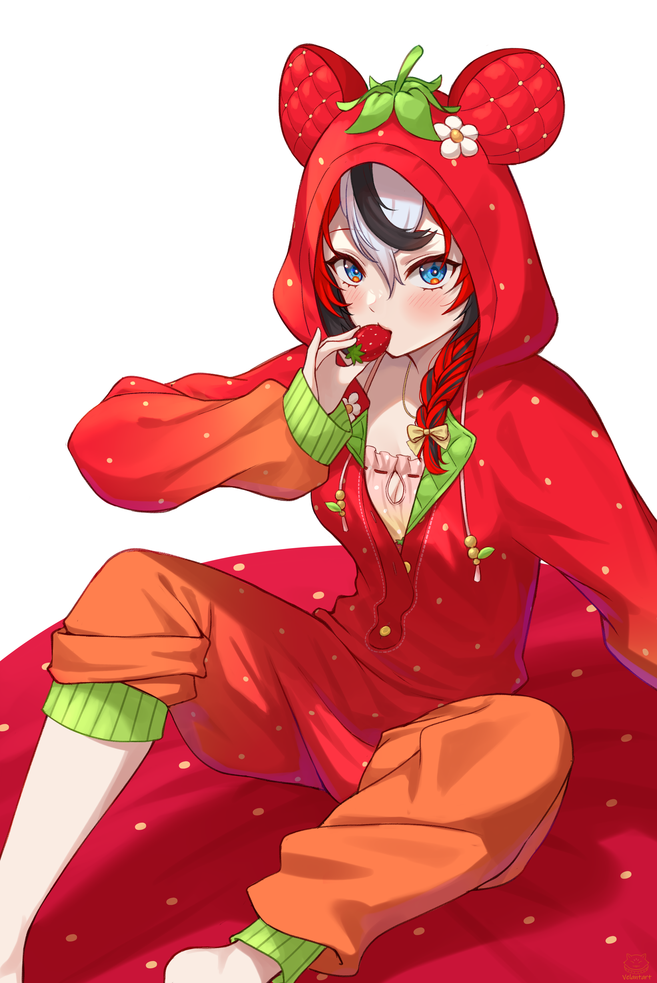 velantart, hakos baelz, hakos baelz (strawberry onesie), hololive, hololive english, absurdres, highres, 1girl, animal ear hood, black hair, blue eyes, bow, buttons, eating, fake animal ears, flower, food, fruit, hair bow, hood, long sleeves, multicolored hair, onesie, red hair, solo, strawberry, virtual youtuber, white flower, white hair, yellow bow