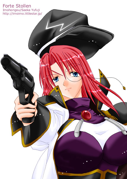 forte stollen, galaxy angel, 00s, 1girl, blue eyes, breasts, character name, female focus, gun, handgun, large breasts, monocle, red hair, revolver, solo, watermark, weapon, web address