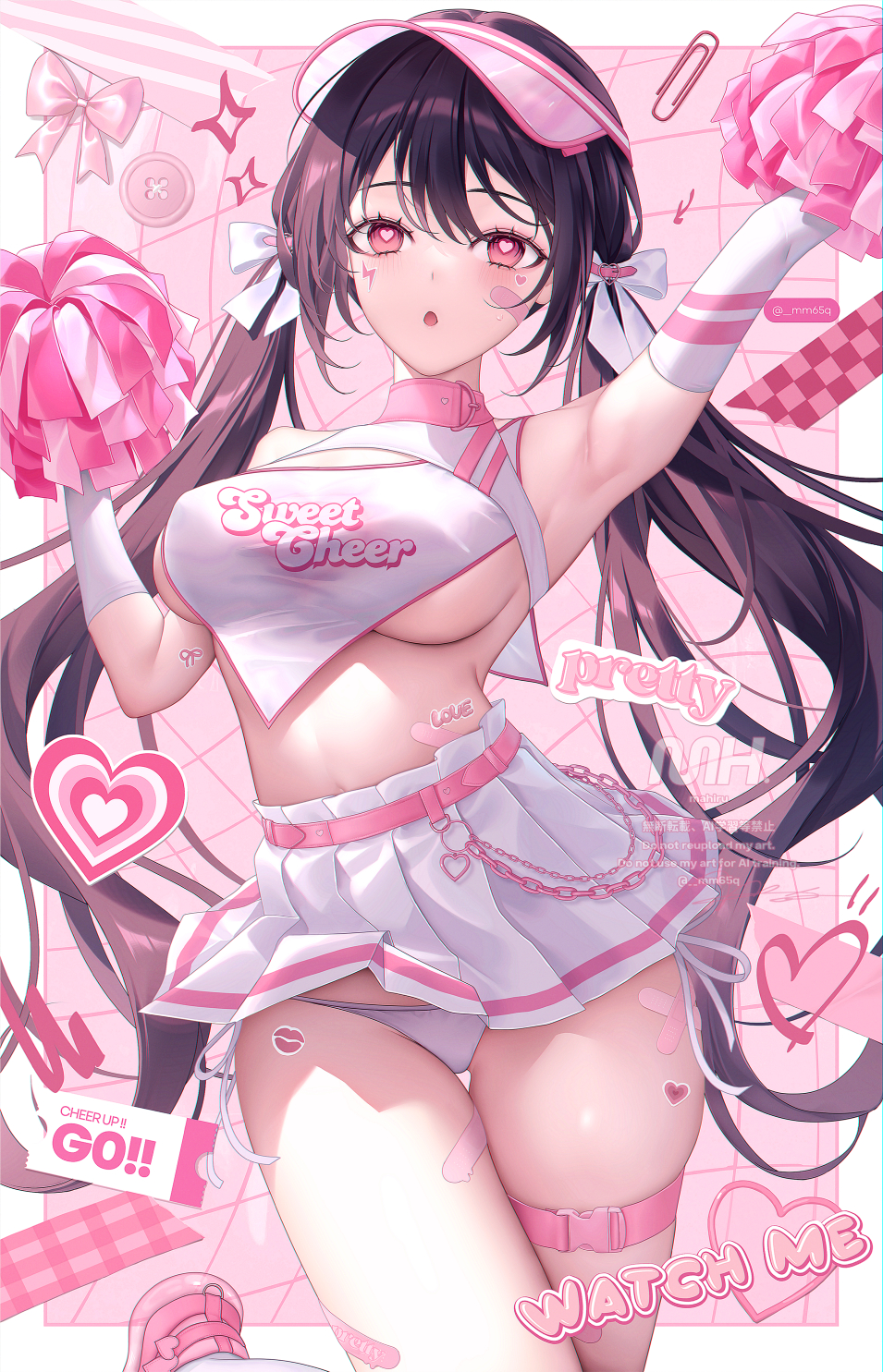 mhru, original, commentary, commentary request, english commentary, highres, mixed-language commentary, paid reward available, 1girl, :o, arm up, armpits, belt, belt collar, border, bow, breasts, brown hair, cheerleader, chromatic aberration, clothes lift, collar, covered erect nipples, cowboy shot, crop top, english text, hair bow, hand up, heart, heart-shaped pupils, high-waist skirt, light blush, long hair, looking at viewer, medium breasts, multiple hair bows, panties, pink background, pink belt, pink eyes, pink visor, pleated skirt, pom pom (cheerleading), side-tie panties, skirt, skirt lift, solo, sticker, sticker on face, symbol-shaped pupils, thigh belt, thigh gap, thigh strap, thighs, twintails, underboob, underwear, very long hair, visor cap, wallet chain, white border, white bow, white panties, white skirt
