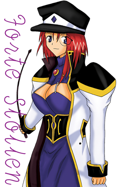 forte stollen, galaxy angel, tagme, 00s, 1girl, blue eyes, breasts, character name, cleavage, cleavage cutout, clothing cutout, female focus, large breasts, monocle, no bra, red hair, riding crop, solo