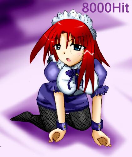 forte stollen, galaxy angel, lowres, 00s, 1girl, all fours, alternate costume, blue eyes, breasts, enmaided, female focus, fishnets, large breasts, looking at viewer, maid, maid headdress, monocle, no shoes, red hair, solo, wrist cuffs