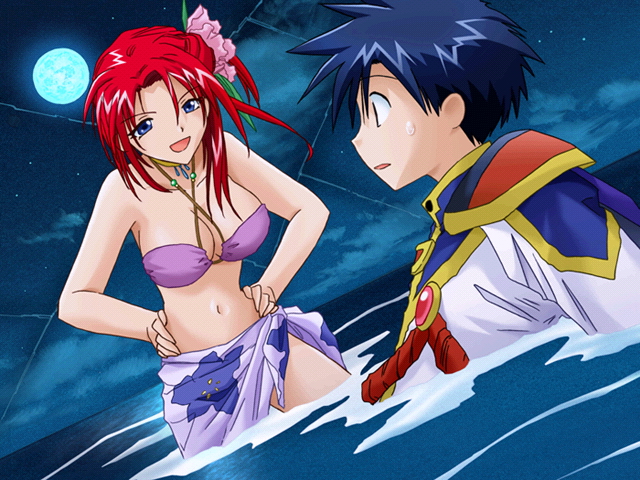 forte stollen, takuto meyers, galaxy angel, 00s, 1boy, 1girl, bikini, blue eyes, blue hair, breasts, cleavage, cloud, dutch angle, flower, full moon, hair flower, hair ornament, hands on own hips, large breasts, moon, night, night sky, red hair, sarong, sky, sweatdrop, swimsuit, wading