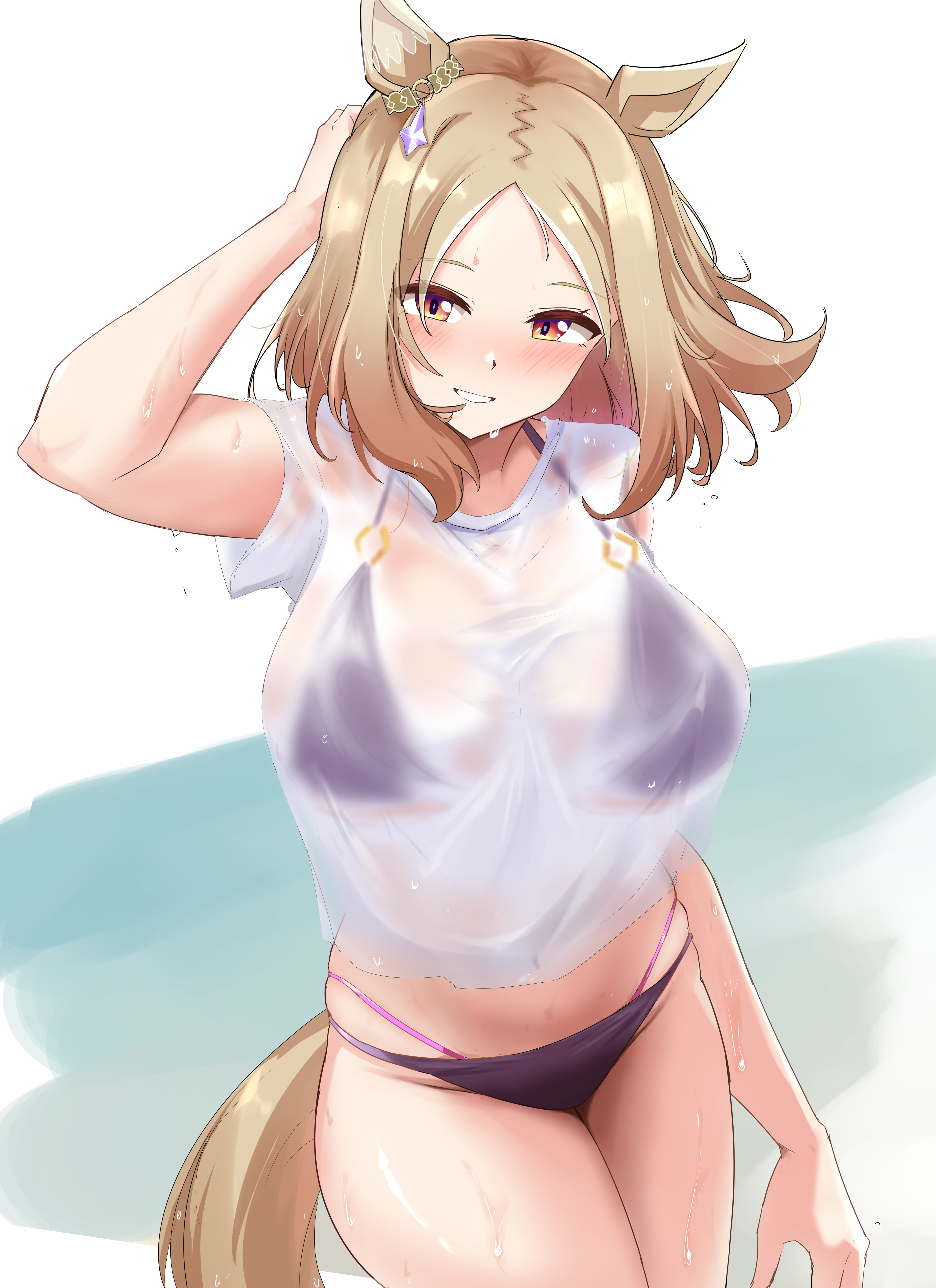 gryebooks, narita top road (umamusume), umamusume, absurdres, commentary request, highres, 1girl, animal ears, bikini, bikini top under shirt, black bikini, blonde hair, blush, breasts, horse ears, horse girl, horse tail, large breasts, looking at viewer, shirt, smile, solo, swimsuit, t-shirt, tail, wet, white shirt, yellow eyes