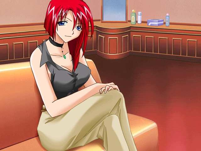 forte stollen, galaxy angel, 00s, 1girl, alternate costume, blue eyes, breasts, choker, cleavage, crossed legs, female focus, indoors, large breasts, looking at viewer, red hair, sitting, solo