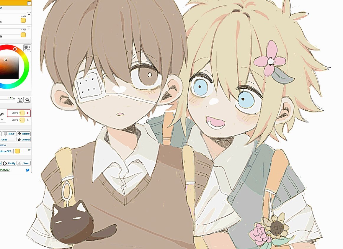 my loleeta, basil (faraway) (omori), basil (omori), mewo, sunny (omori), omori, screencap, revision, spoilers, 2boys, :d, animal charm, antenna hair, arms at sides, art program in frame, backpack, bag, behind another, black eyes, black hair, black sweater vest, blonde hair, blue eyes, blush, bright pupils, charm (object), collared shirt, double-parted bangs, eyepatch, flower, green sweater vest, hair behind ear, hair between eyes, hair flower, hair ornament, leaf, looking at another, lower teeth only, magicaldraw, male focus, medical eyepatch, multiple boys, open mouth, parted lips, pink flower, shirt, short hair, short sleeves, simple background, smile, sweater vest, teeth, upper body, very short hair, white background, white pupils, white shirt, wide-eyed, yellow bag