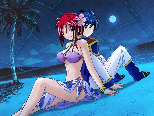 forte stollen, takuto meyers, galaxy angel, 00s, 1boy, 1girl, bikini, blue eyes, breasts, cleavage, coconut tree, dutch angle, full moon, large breasts, moon, night, night sky, palm tree, red hair, sarong, sitting, sky, swimsuit, tree