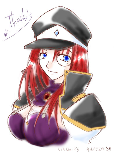 forte stollen, galaxy angel, tagme, 00s, 1girl, blue eyes, breasts, cleavage, cleavage cutout, clothing cutout, female focus, large breasts, monocle, no bra, red hair, simple background, solo, white background