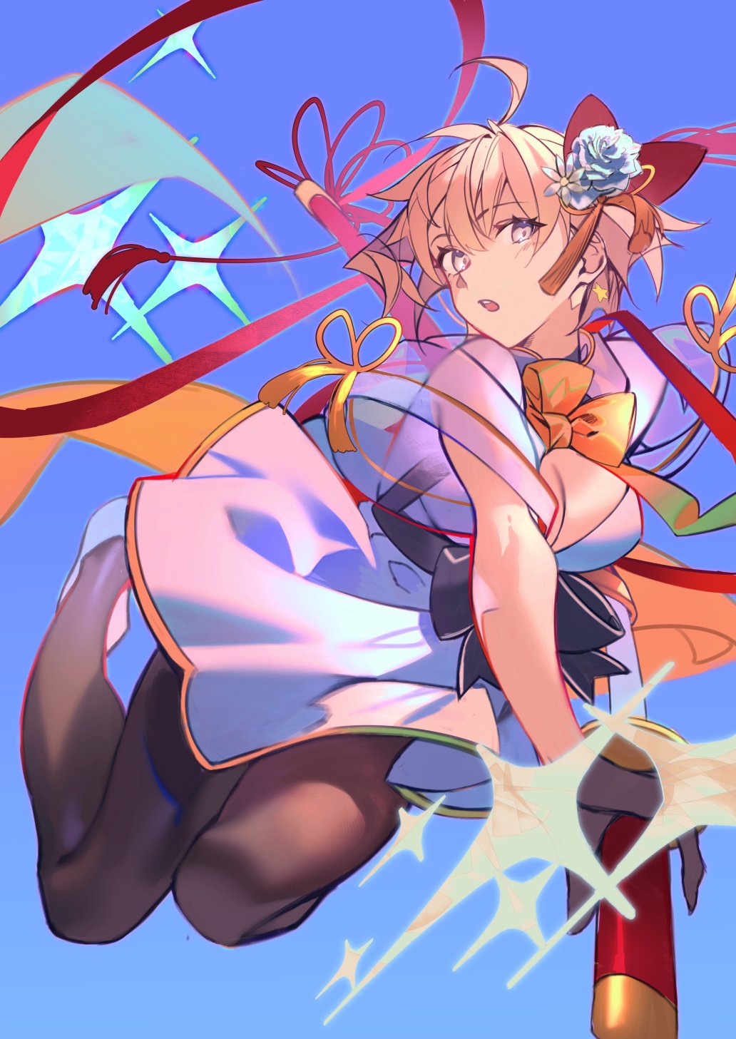 hiro (hirohiro gorira), okita souji (celebratory attire) (fate), okita souji (fate), fate/grand order, fate (series), highres, 1girl, ahoge, black gloves, black pantyhose, blonde hair, breasts, dress, gloves, hair ornament, katana, large breasts, looking at viewer, neck ribbon, open mouth, pantyhose, ribbon, short hair, short sleeves, solo, sword, tassel, weapon, white dress, yellow eyes